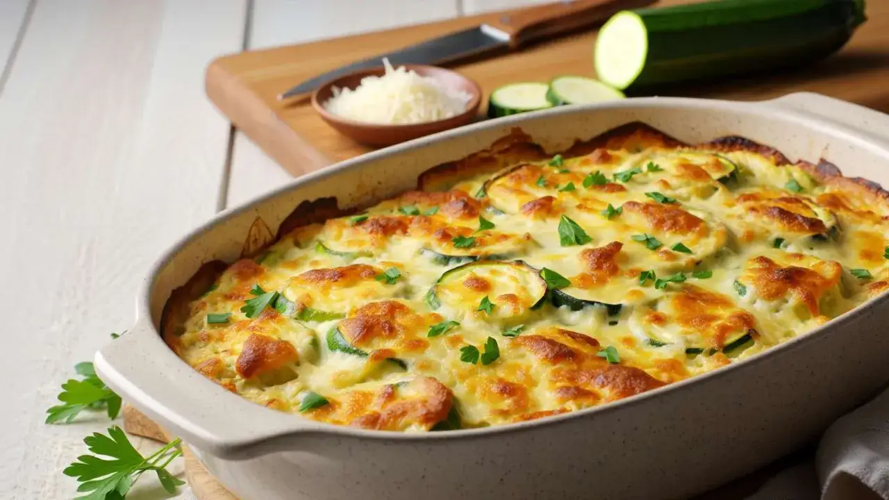 Ein goldbraun &uuml;berbackener Zucchini-Auflauf mit geschmolzenem K&auml;se und frischer Petersilie, bereit zum Servieren.