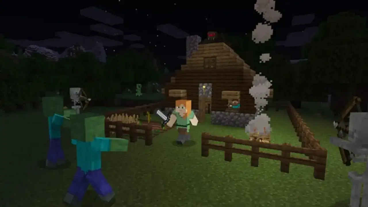 Alex defiende su casa de un **aldeano Minecraft** y otros monstruos nocturnos.