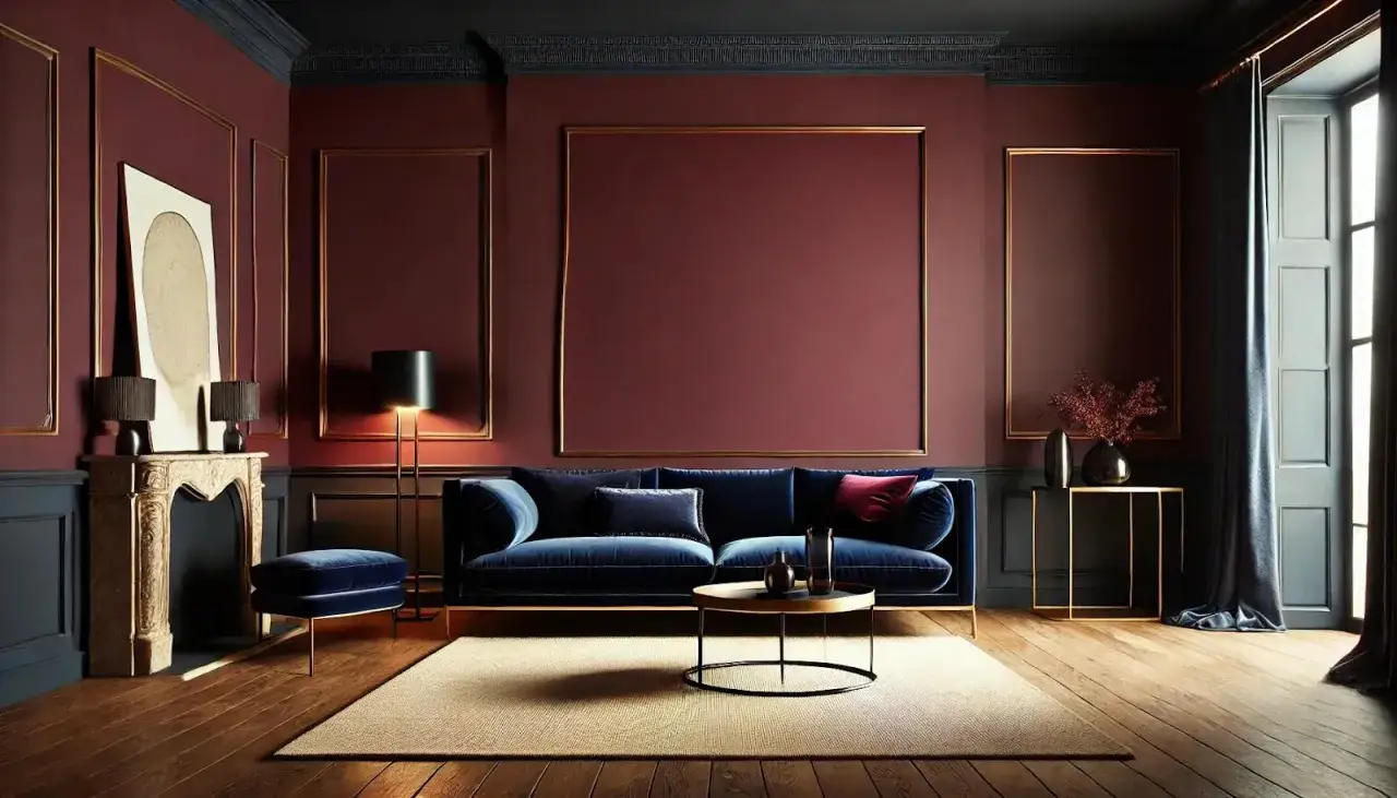 Elegantes Wohnzimmer mit tiefblauer Samtcouch vor einer Wand in **farbe bordeaux**. Goldene Rahmen und ein Marmorkamin schaffen luxuriöse Akzente.