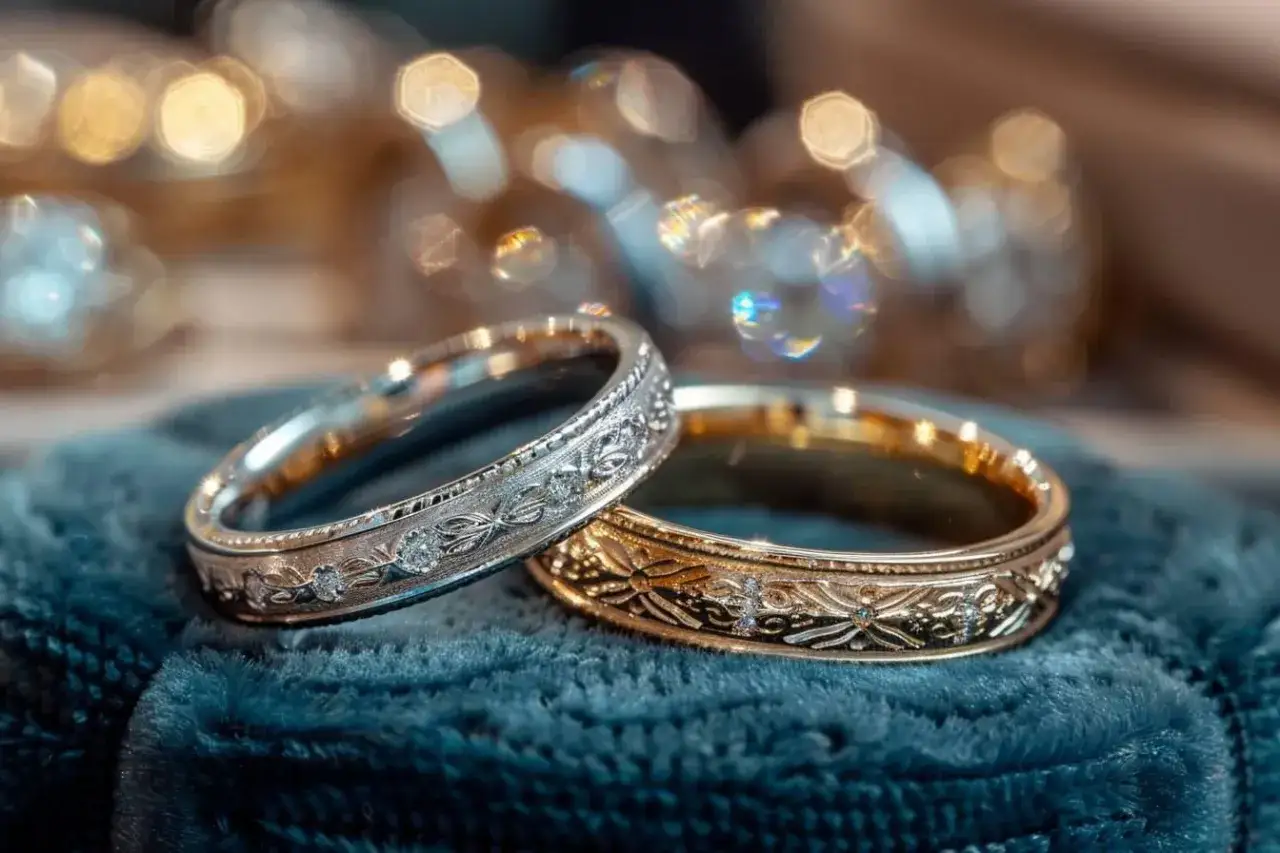 Deux alliances, l'une argent&eacute;e et l'autre dor&eacute;e, orn&eacute;es de motifs floraux et de diamants, pos&eacute;es sur un tissu bleu. Un guide pour comment choisir son alliance.