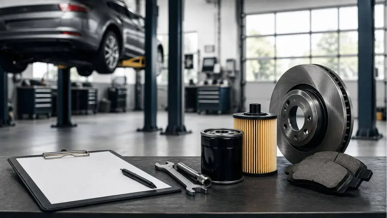 Officina con auto sollevata. Sul banco, filtri, pastiglie e disco freno, strumenti e foglio per capire la differenza tra tagliando e revisione.