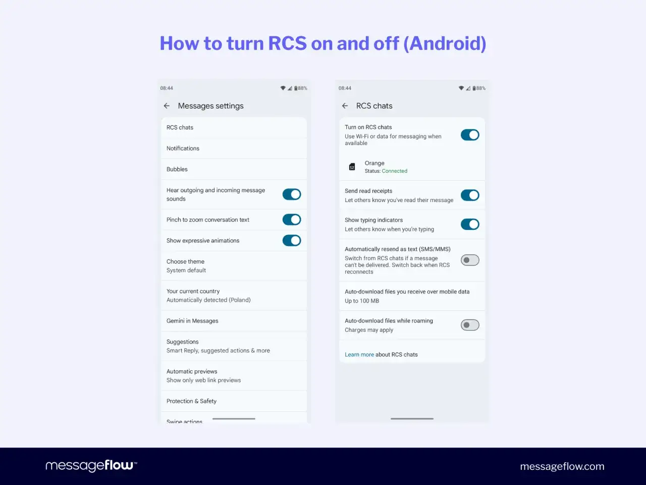 Jak wyłączyć czat RCS w ustawieniach wiadomości na Androidzie. Widok ekranu z opcjami włączenia/wyłączenia funkcji RCS.
