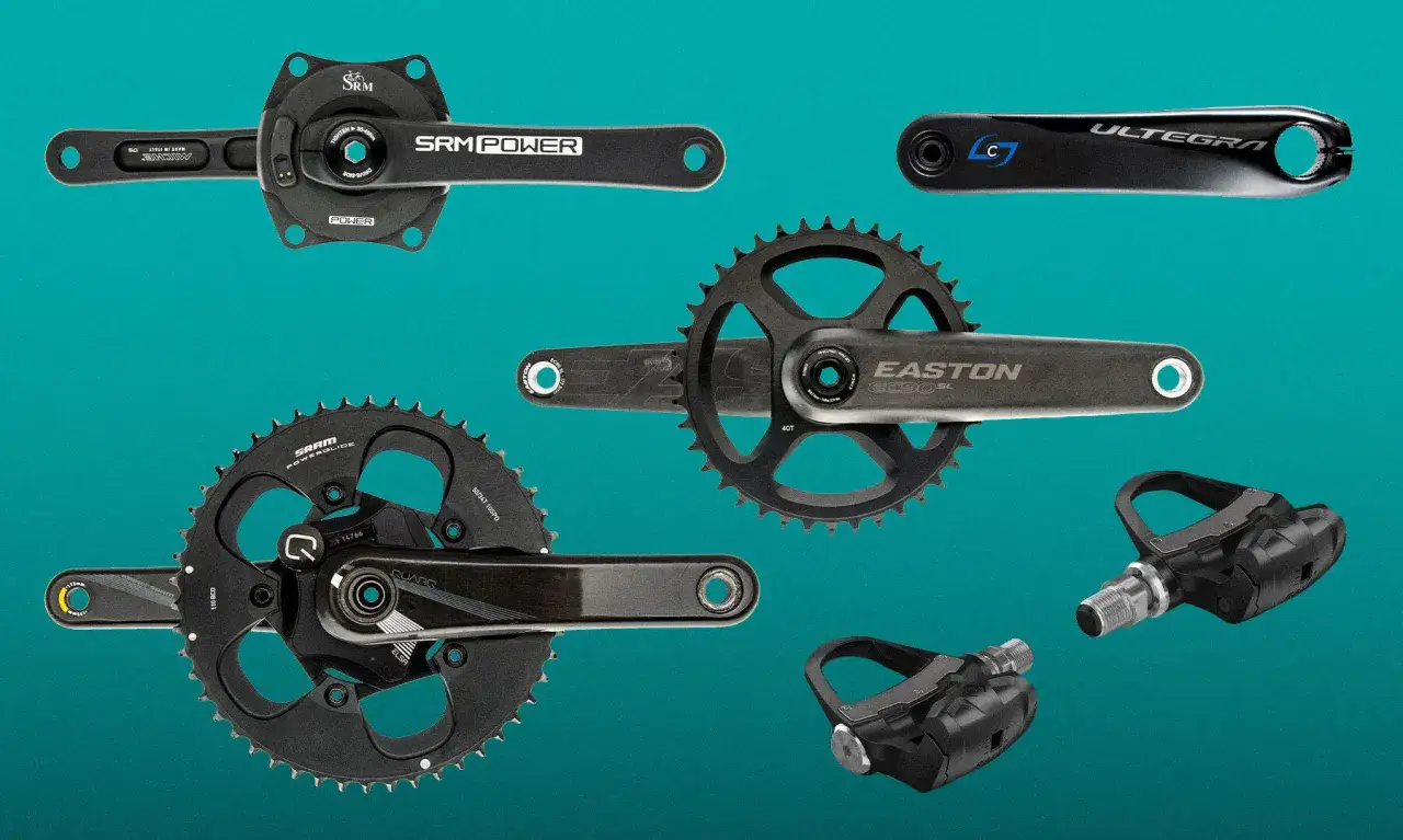R&oacute;żne korby rowerowe i pedały z pomiarem mocy w pedałach: SRM, Shimano Ultegra, Easton, SRAM.