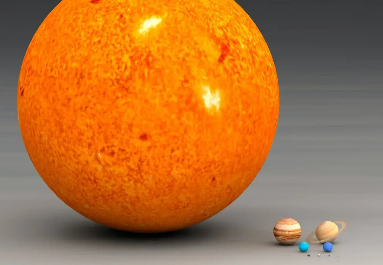 Enorm sol j&auml;mf&ouml;rs med sm&aring; planeter. Bilden visar hur stor &auml;r solen i f&ouml;rh&aring;llande till solsystemets planeter.