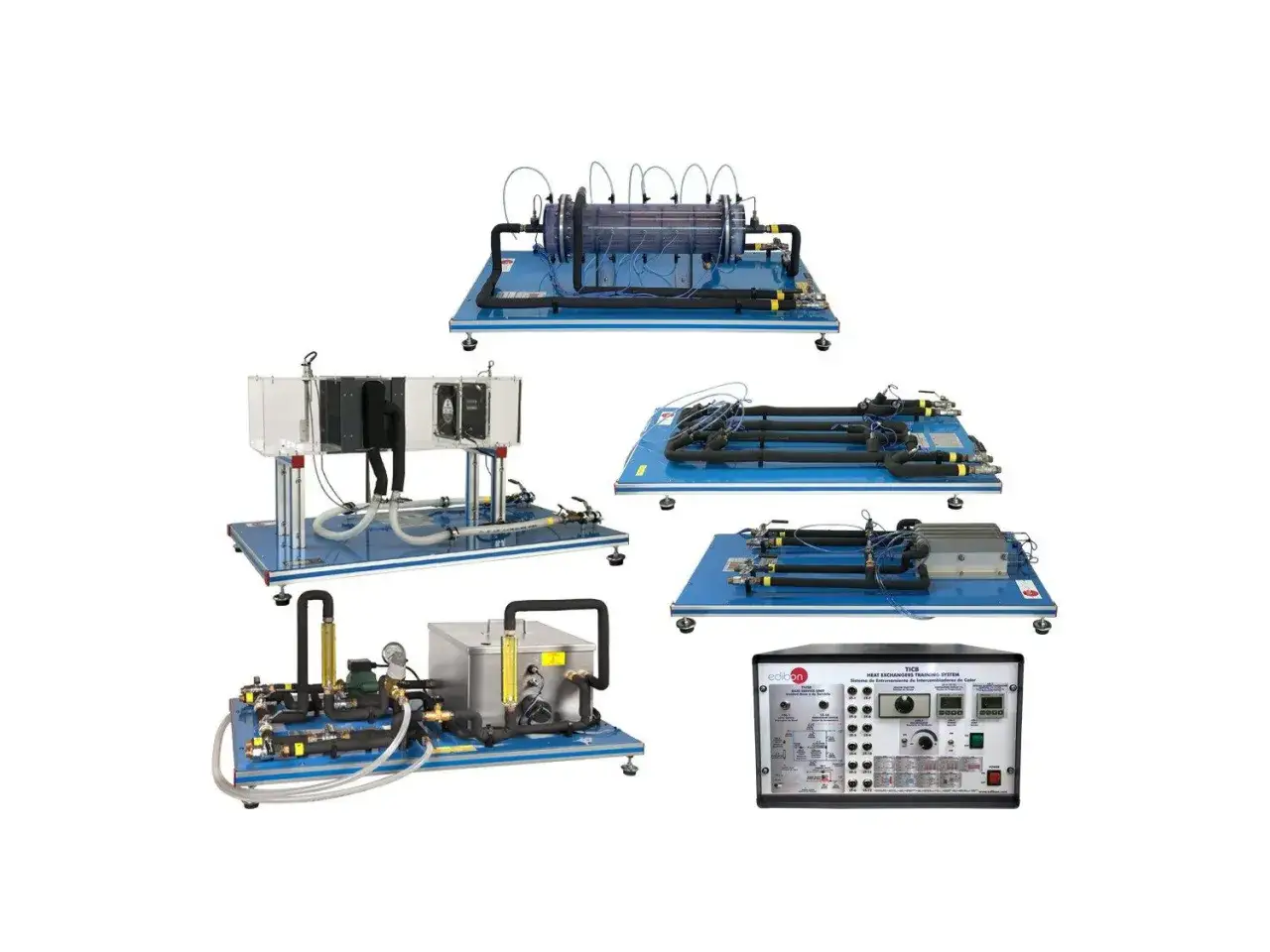 Equipos de laboratorio para estudiar la **f&oacute;rmula del calor**: intercambiadores, sistemas de fluidos y panel de control.