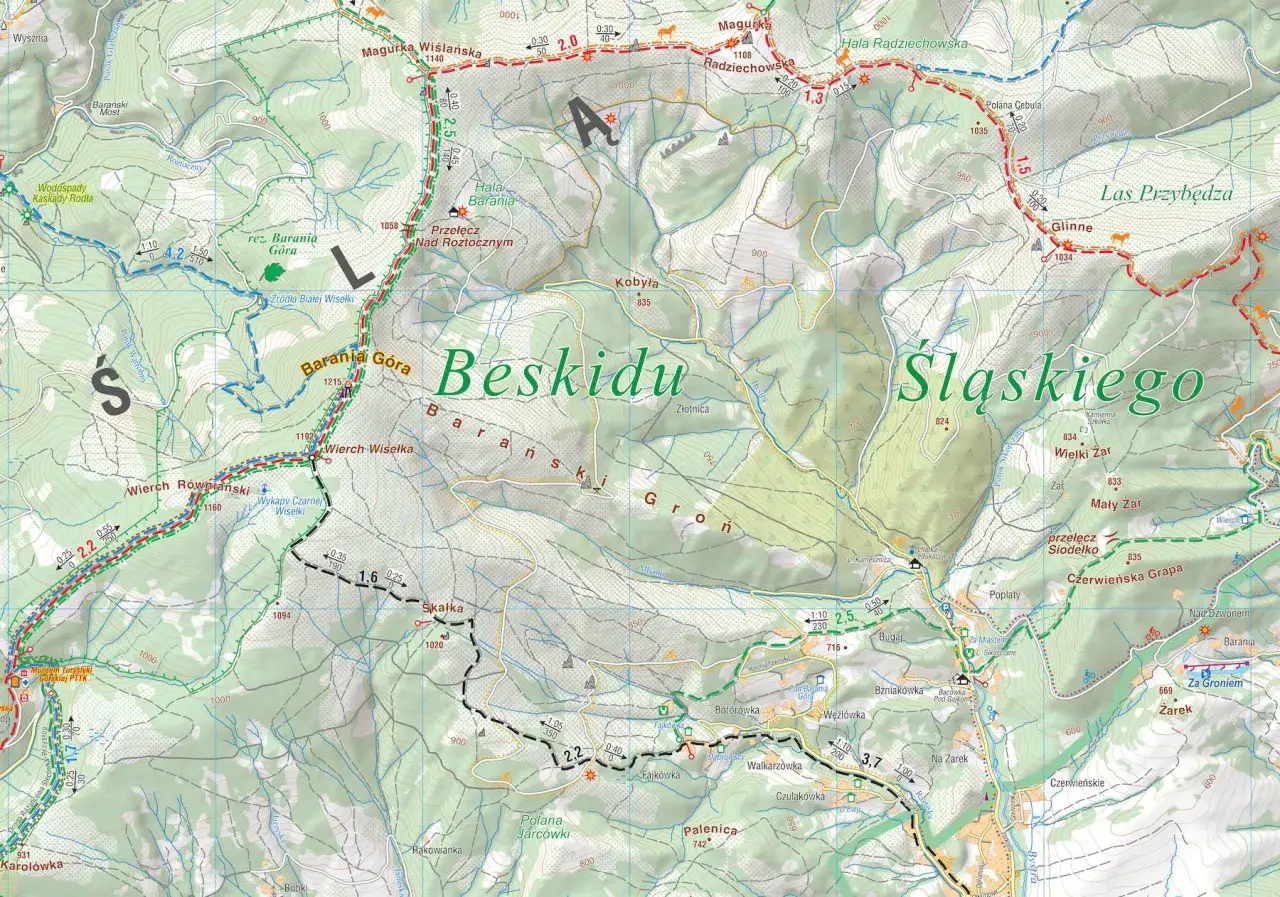 Mapa turystyczna **Beskidu Śląsko-Morawskiego** z zaznaczonymi szlakami, szczytami (Barania Góra, Wielki Żar) i punktami widokowymi.