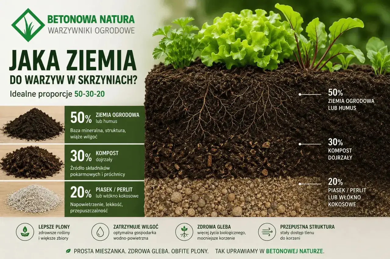 Idealna ziemia do warzyw: 50% ziemi, 30% kompostu, 20% piasku/perlitu dla lepszego napowietrzenia. Zdrowa gleba to obfite plony.