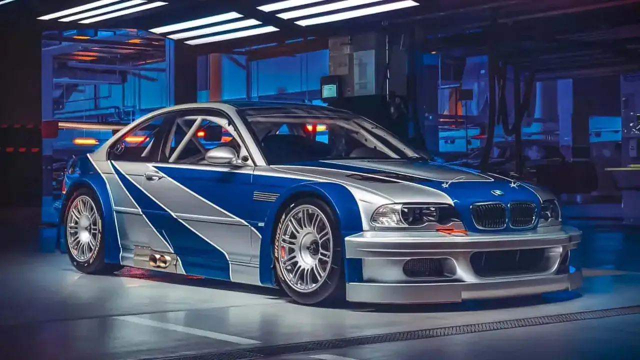 BMW M3 GTR w kultowych barwach z gry Need for Speed Underground 2, gotowy do nocnych wyścigów.