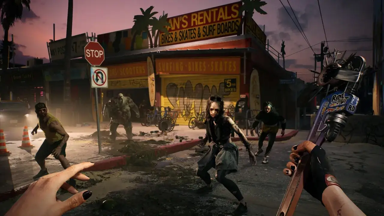 Gracz z bronią w ręku walczy z zombie na ulicy w stylu Dead Island 2. Czy to zapowiedź crossplay?