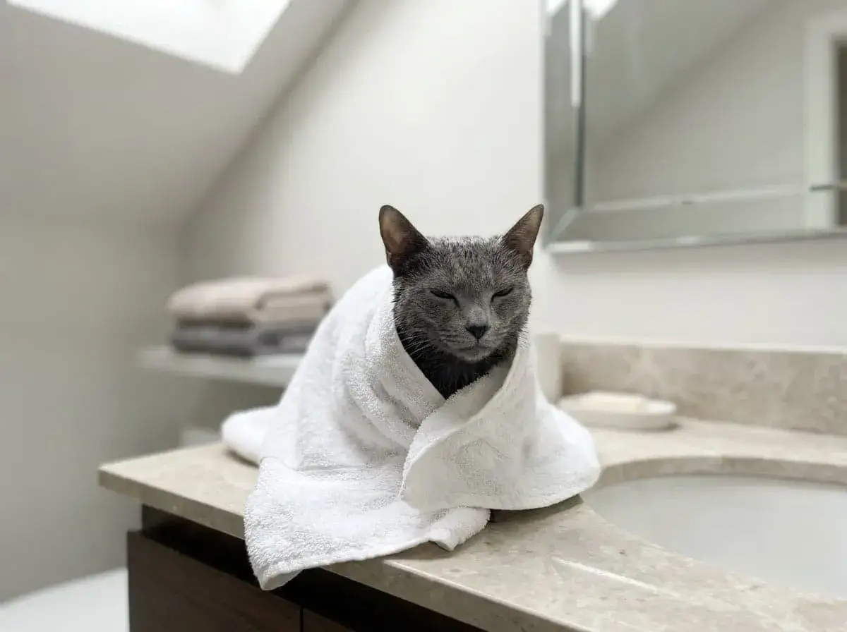 Gato gris envuelto en toalla blanca, con los ojos cerrados, despu&eacute;s de c&oacute;mo ba&ntilde;ar a un gato.