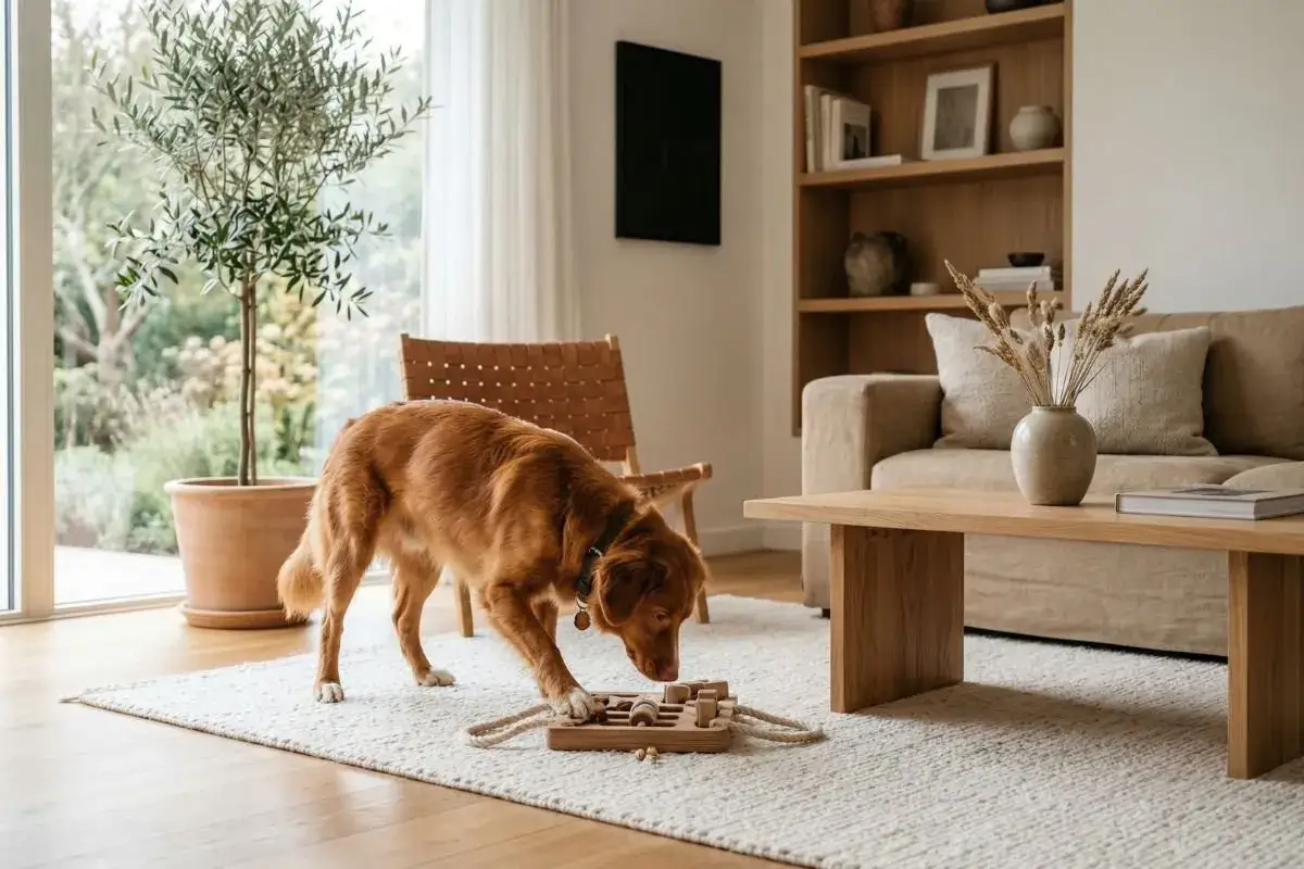 Perro marr&oacute;n jugando con un juguete interactivo en la alfombra. No se siente solo en casa, est&aacute; entretenido.