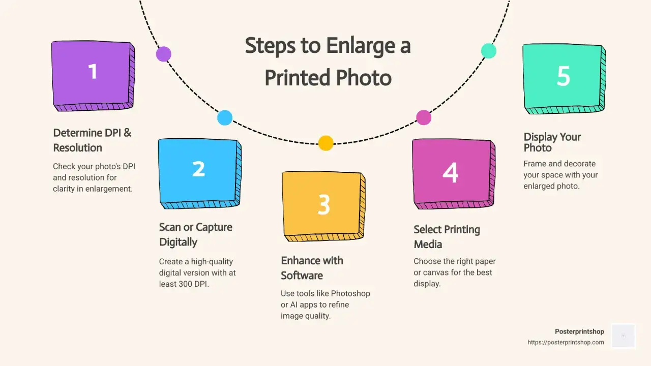 Guida in 5 passi per come aumentare i DPI di una foto: determina DPI, scansiona, migliora con software, scegli media di stampa e mostra la tua foto.