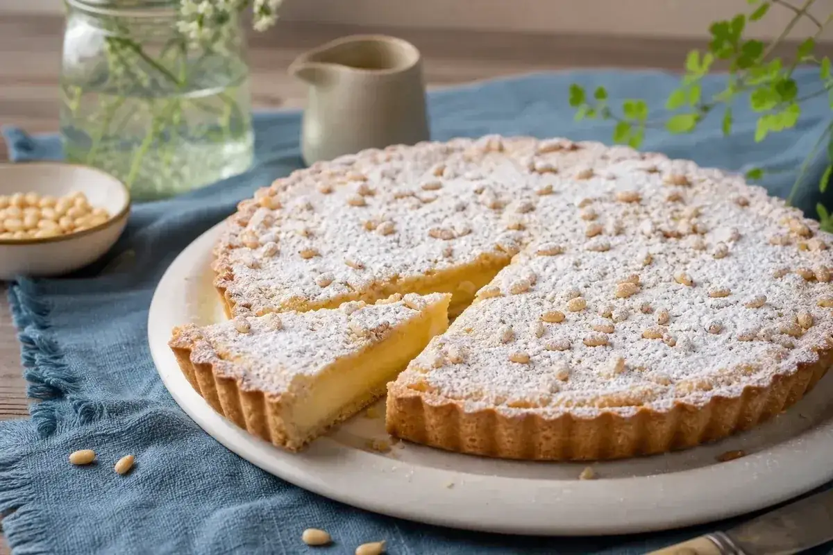 Eine köstliche Torta della Nonna, bestäubt mit Puderzucker und Pinienkernen, wartet darauf, genossen zu werden.