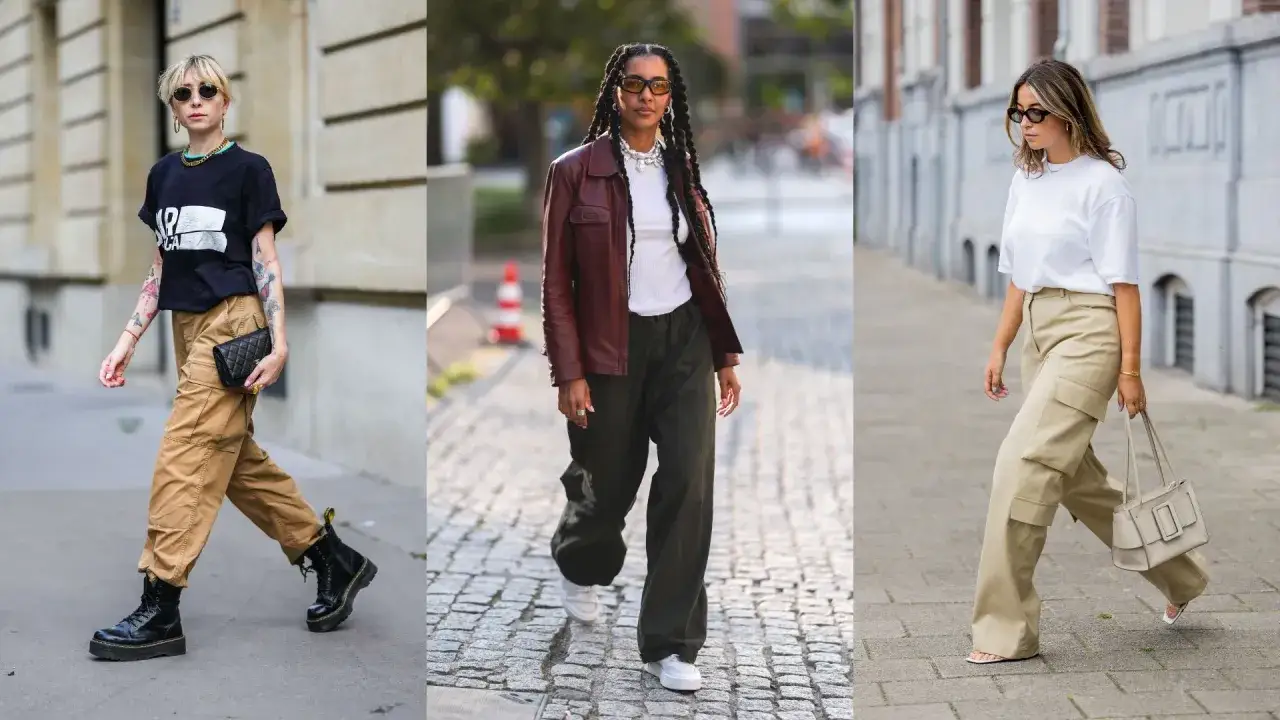 Three women showcase stylish cargo pants outfits. One wears tan cargo pants with a black tee and boots, another sports dark green cargo pants with a leather jacket, and the third opts for beige cargo pants with a white tee.