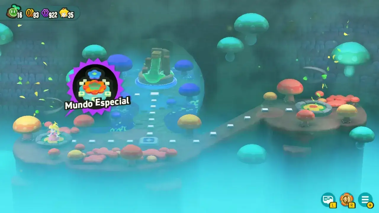 Peach en el Mundo Especial de Mario Wonder, rodeada de hongos gigantes y un camino de bloques.