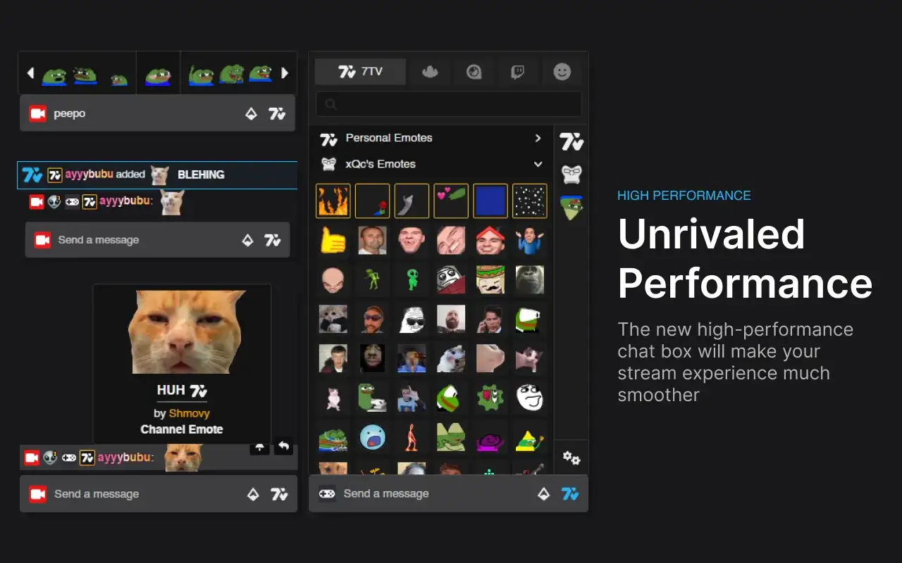 Chat-Interface mit vielen Emotes, die für ein besseres Twitch-Erlebnis sorgen. Ein Katzen-Emote sticht hervor.