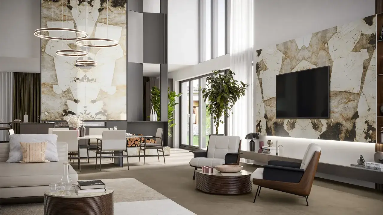 Idee arredare salotto e sala da pranzo insieme: un ambiente moderno con pareti in pietra, mobili di design e illuminazione scenografica.
