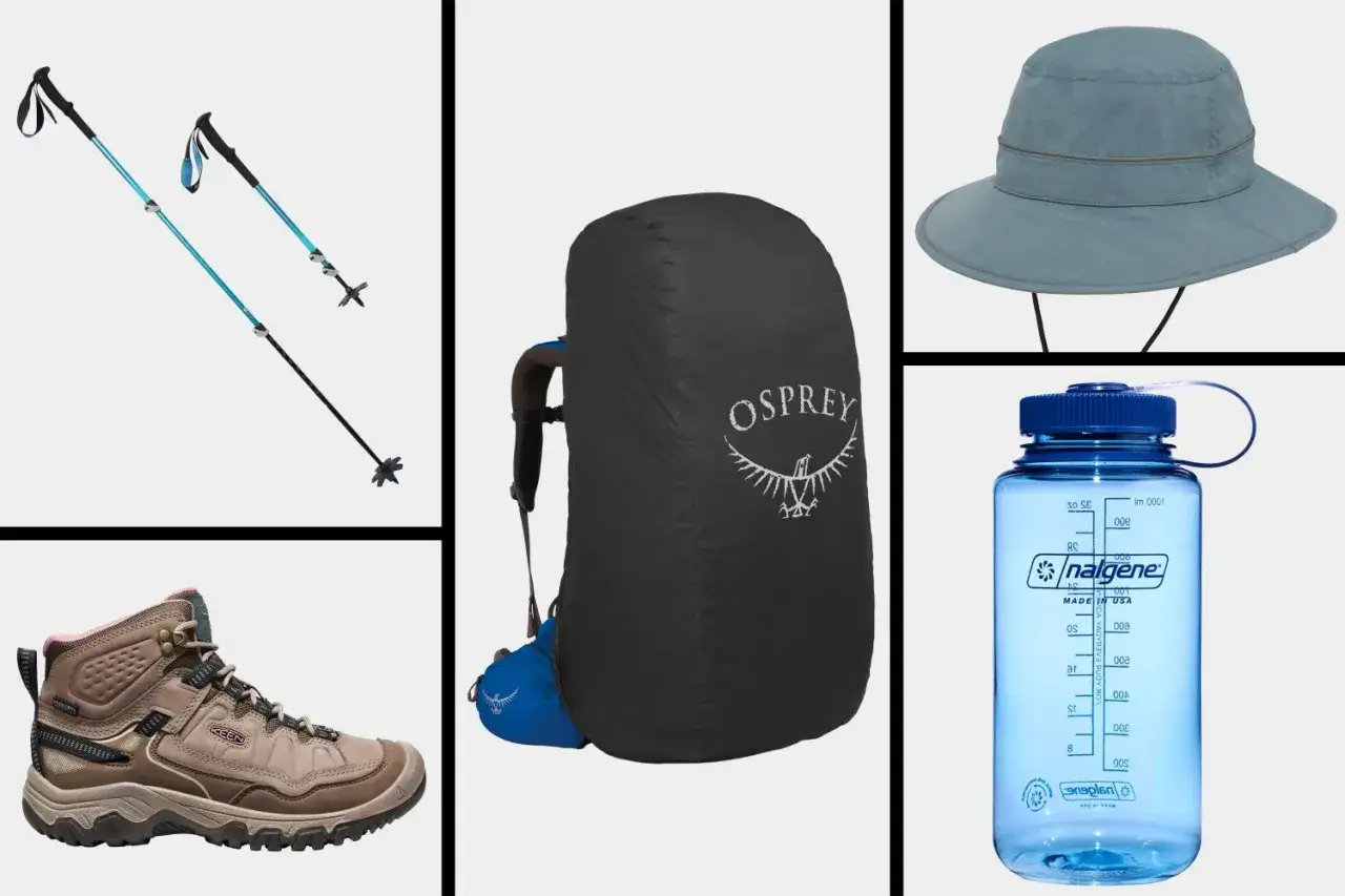 Kije trekkingowe, plecak Osprey, buty Keen, kapelusz i butelka Nalgene – wszystko, czego potrzebujesz, by zacząć swoją przygodę z trekkingiem.