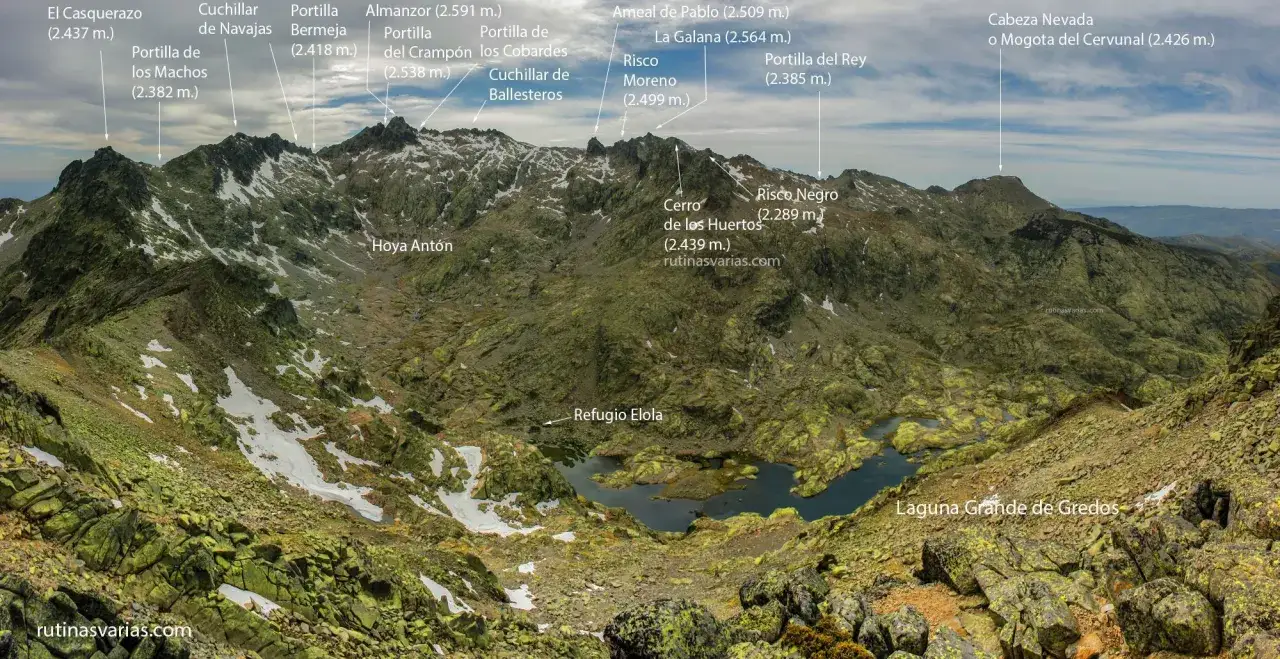 Paisaje monta&ntilde;oso con picos etiquetados, incluyendo Almanzor y Cabeza Nevada. La ruta Morez&oacute;n atraviesa este terreno rocoso y verde.