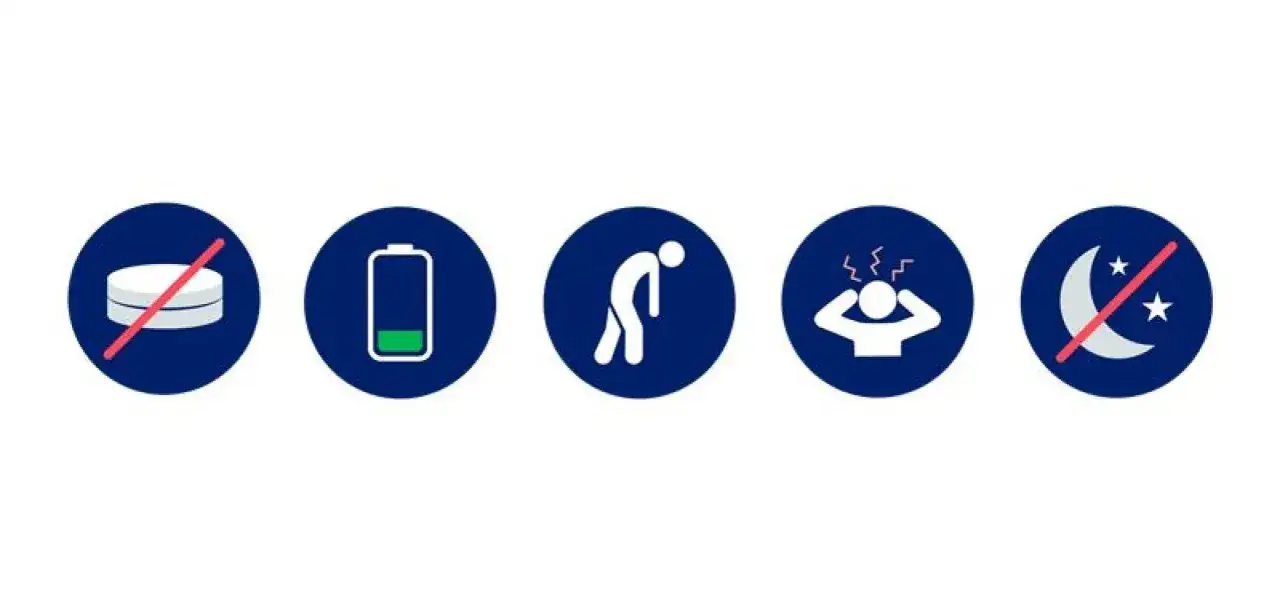 Symboler som visar att sluta snusa kan leda till l&aring;g energi, tr&ouml;tthet, huvudv&auml;rk och s&ouml;mnproblem.