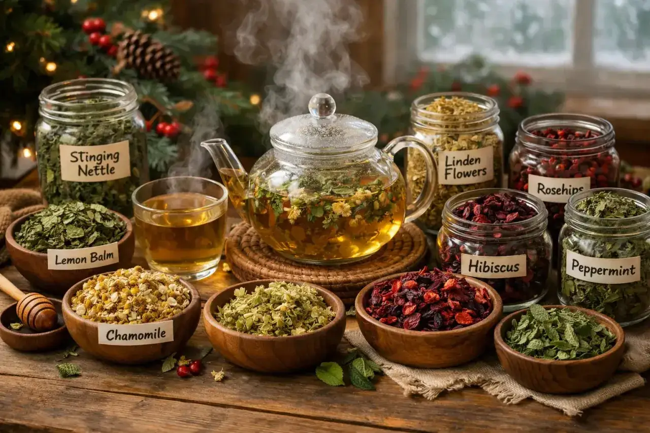 Parzona w szklanym dzbankanie herbata, otoczona słoikami z najzdrowszymi herbatami ziołowymi: pokrzywą, melisą, rumiankiem, hibiskusem, dziką różą, lipą i miętą.
