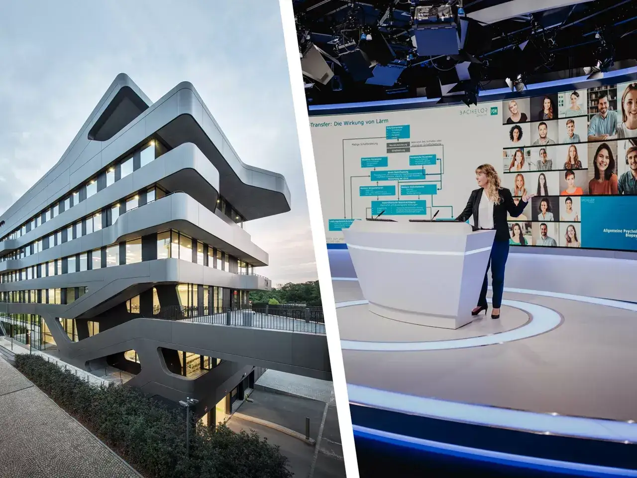 Modernes Gebäude und eine Dozentin vor einer Leinwand mit Online-Teilnehmern. Perfekt für dein online studium berlin.