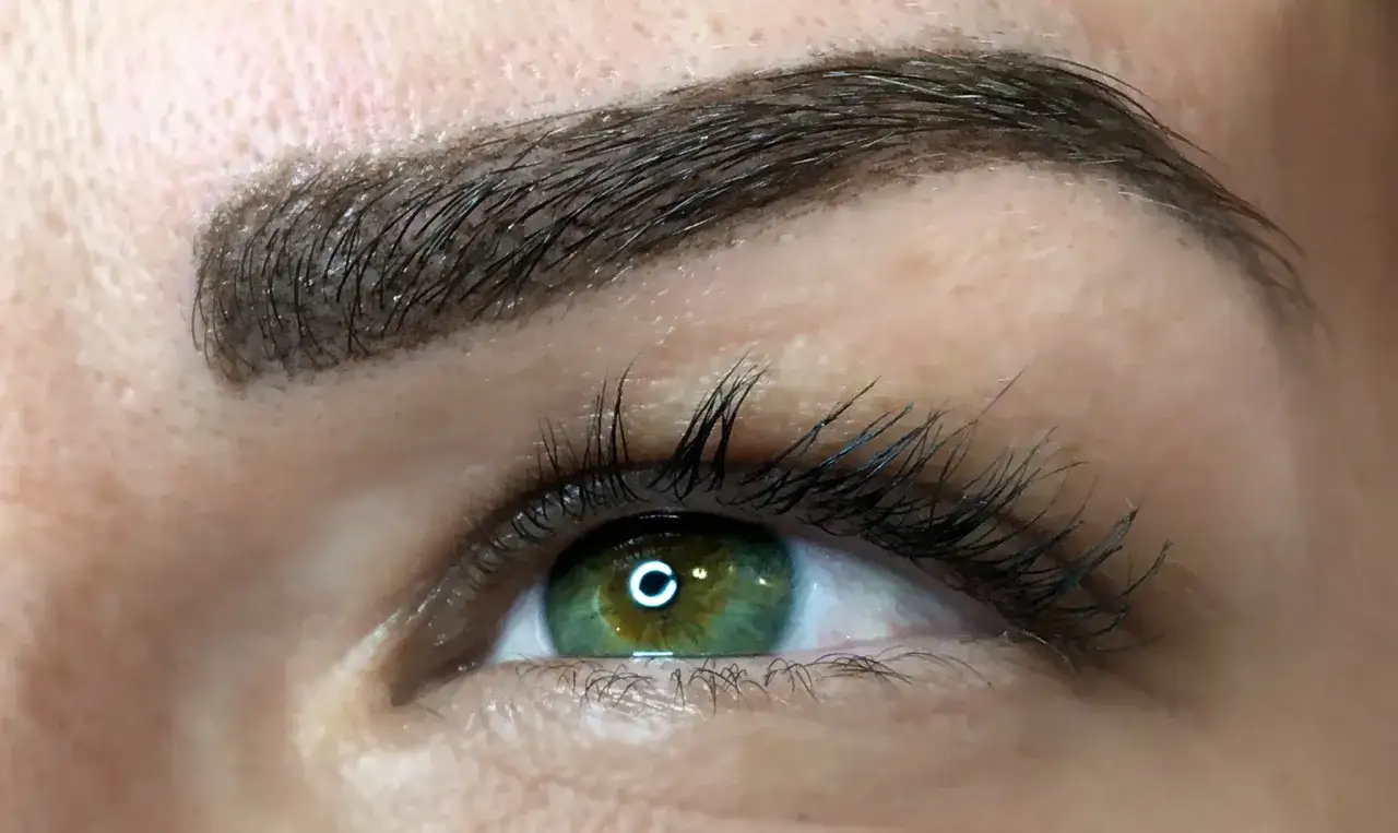Un œil vert émeraude avec des cils longs et des sourcils à la libanaise parfaitement dessinés.