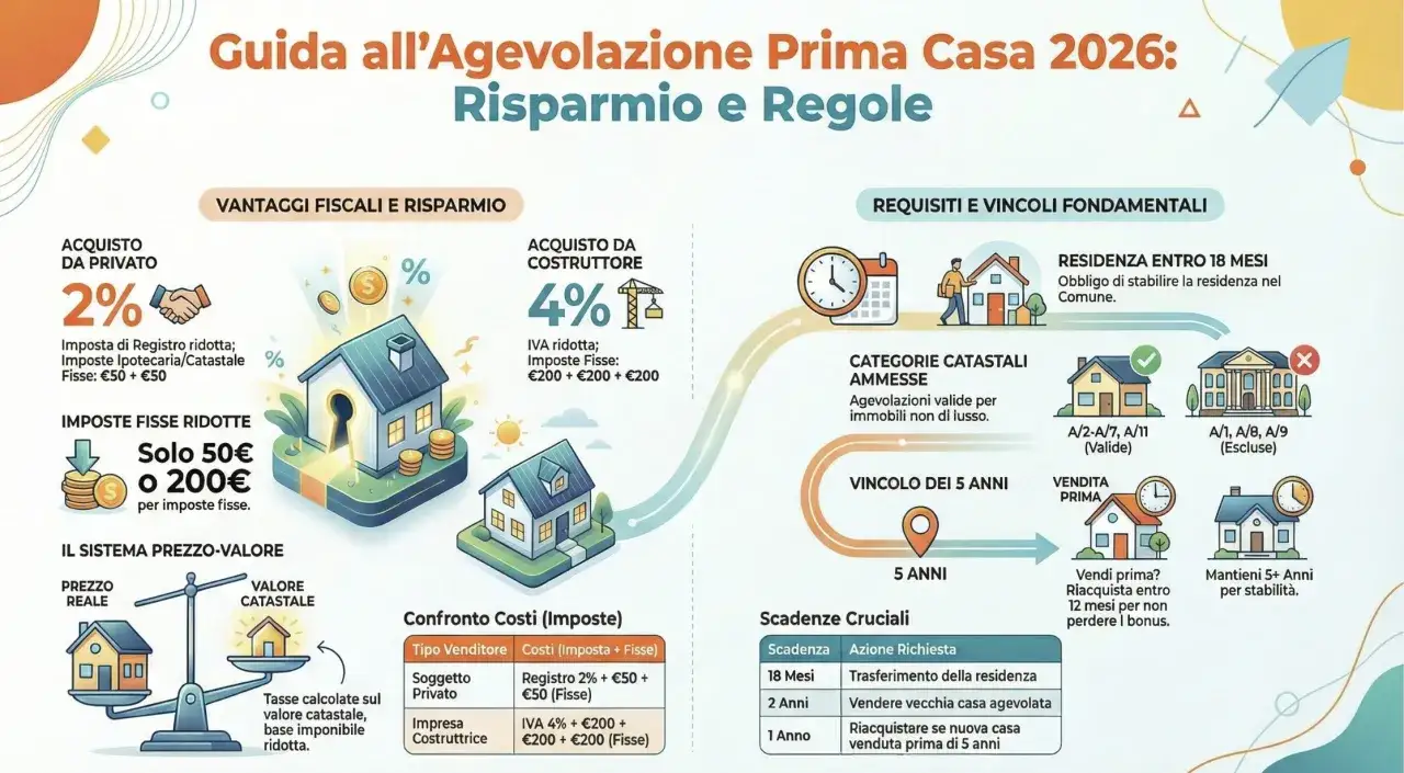 La guida illustra le agevolazioni per la prima casa nel 2026, inclusi i vincoli di vendita. Dopo quanti anni si può vendere la prima casa? La risposta è 5 anni per mantenere i bonus.