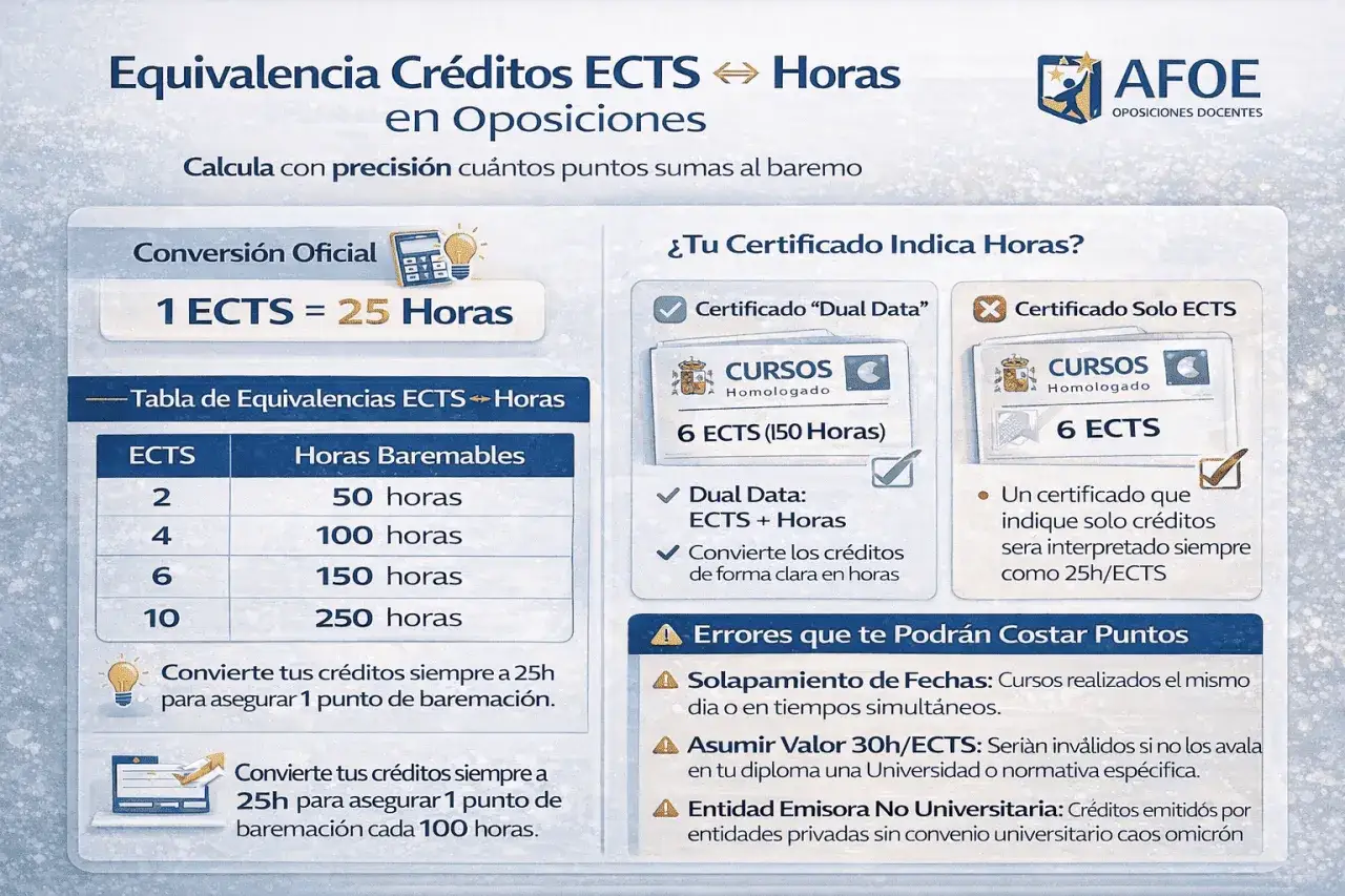 Calcula cuántos puntos sumar en oposiciones. La tabla muestra la equivalencia de créditos ECTS a horas baremables.