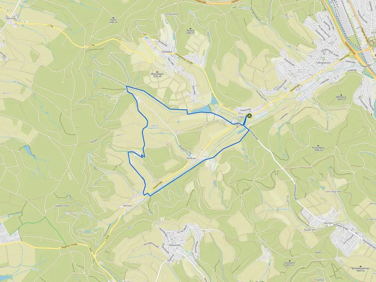 Eine komoot Wanderroute in NRW f&uuml;hrt durch h&uuml;gelige Landschaften, vorbei an Ortschaften wie Osthelden und Fellinghausen.