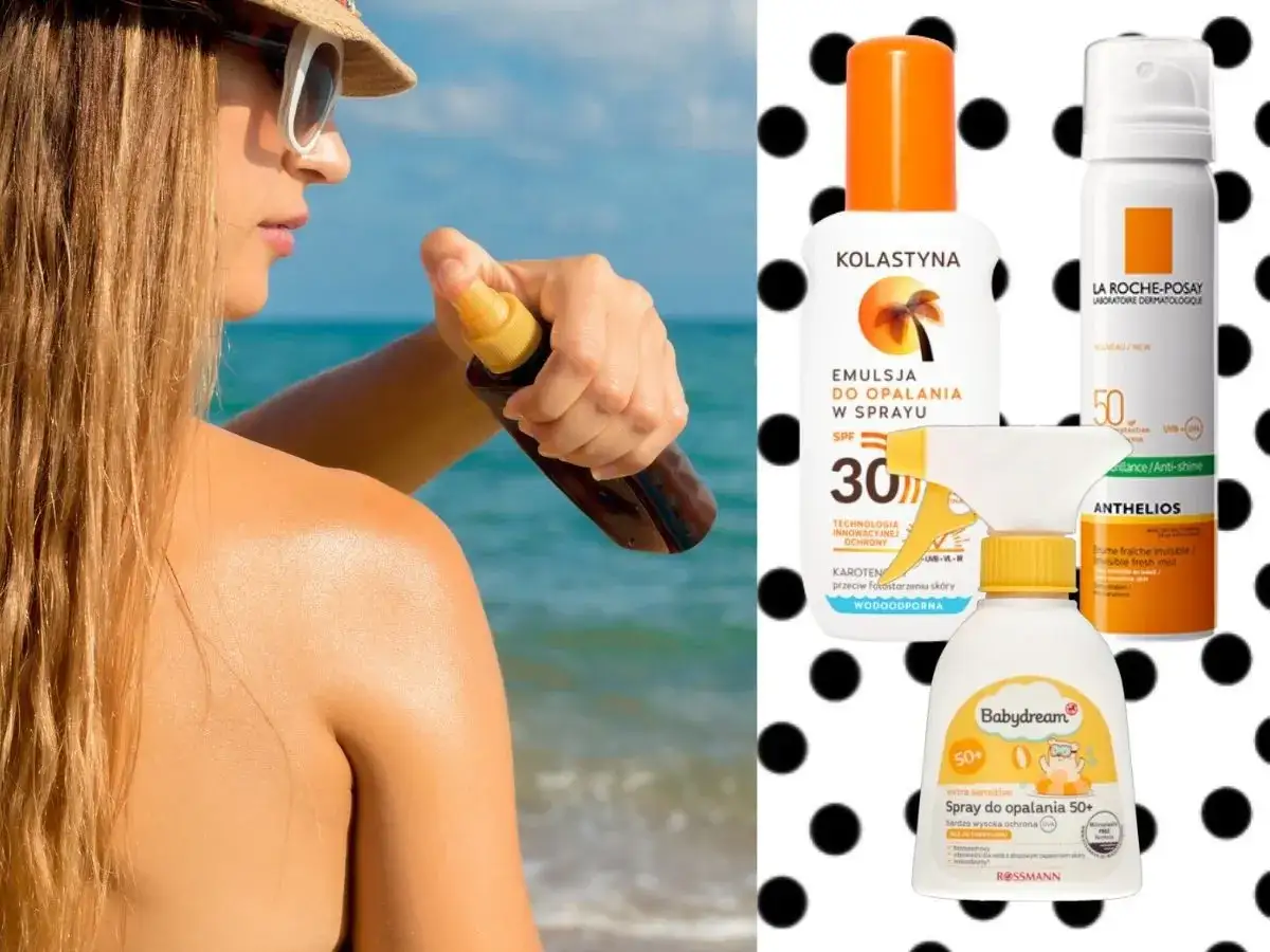 Kobieta aplikuje spray do opalania na plaży. Czy po botoksie można się opalać? Zawsze konsultuj się z lekarzem, ale ochrona SPF jest kluczowa.