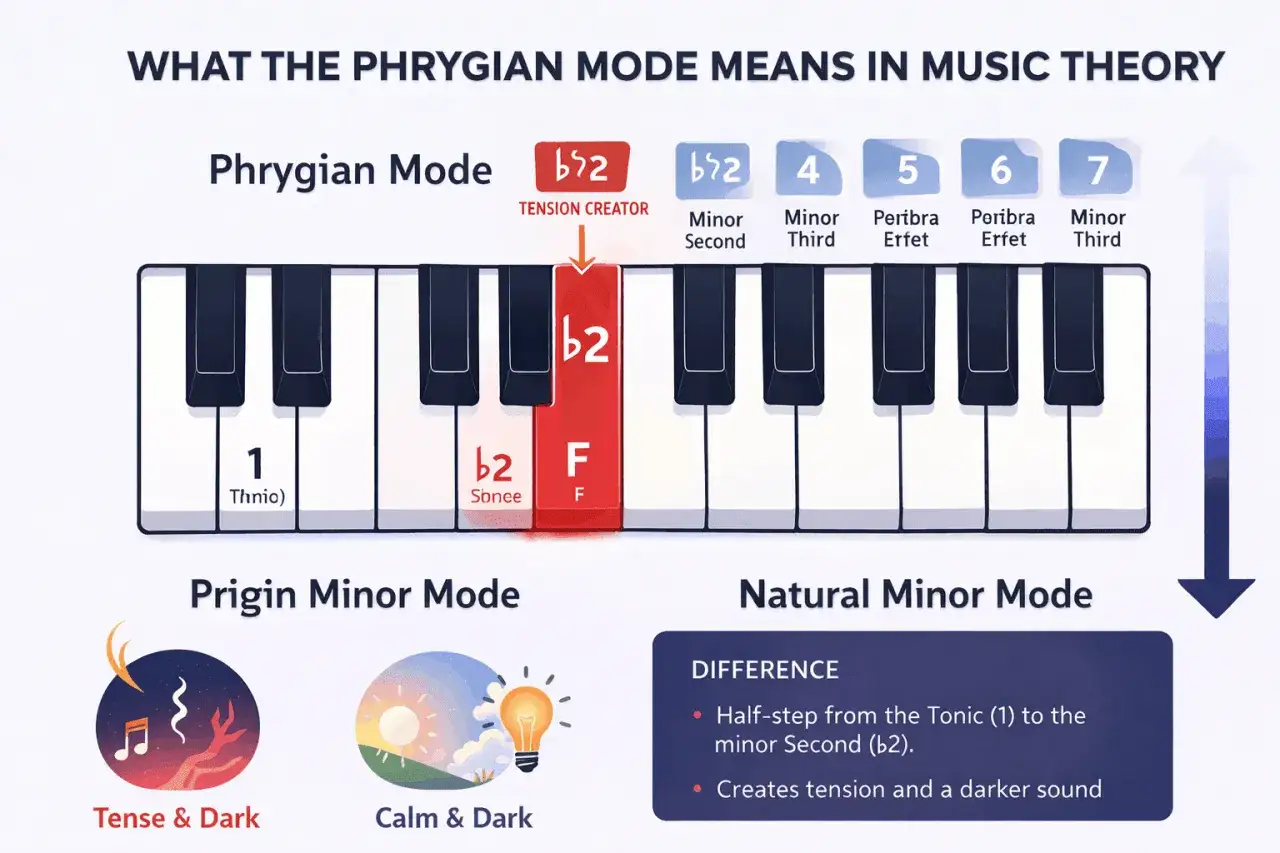 Le mode phrygien, un mode de mi, crée une tension musicale avec sa seconde mineure caractéristique.