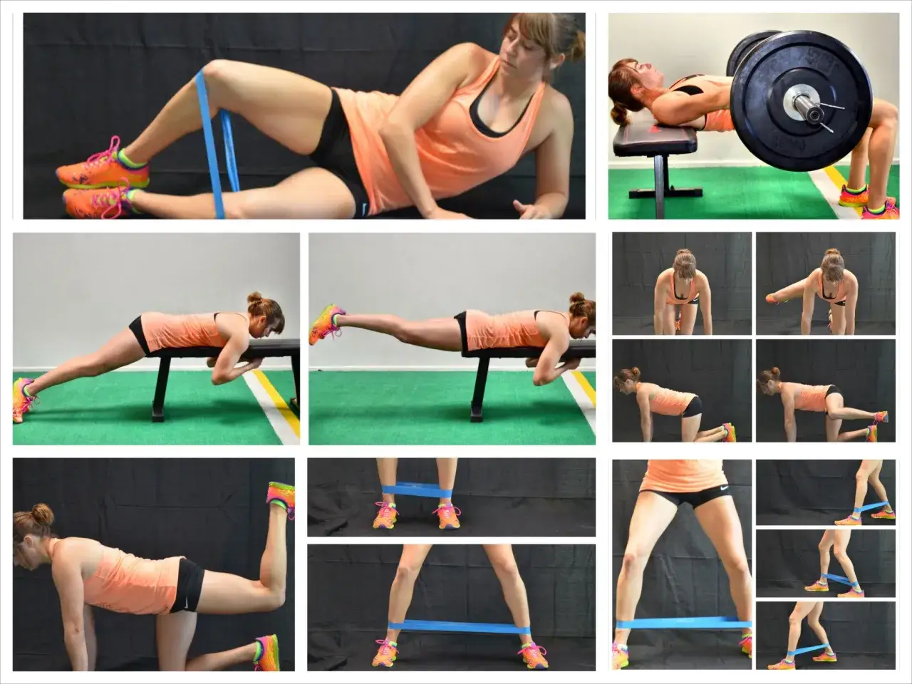 Femme effectuant des exercices pour comment muscler les fessiers avec des bandes de r&eacute;sistance et des poids.