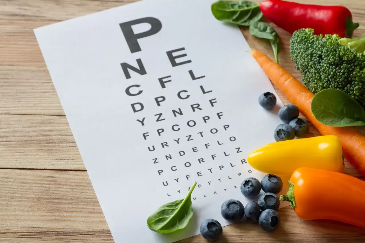 Tabela optometryczna i zdrowe warzywa: marchew, brokuły, papryka, jagody, szpinak. Czy dieta pomoże na kurzą ślepotę?