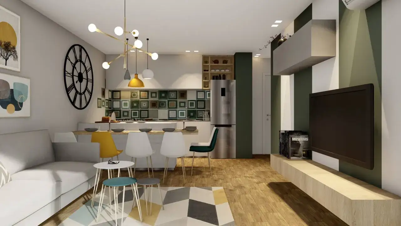 Soggiorno e cucina open space, un esempio di come organizzare spazi casa con stile. Tavolo, divano, TV e cucina moderna.