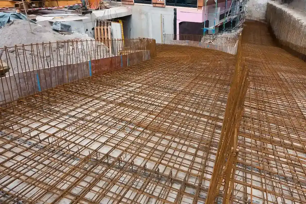 Armadura de acero lista para verter hormig&oacute;n. Preparaci&oacute;n para saber como hacer hormig&oacute;n para suelo, creando una base s&oacute;lida.