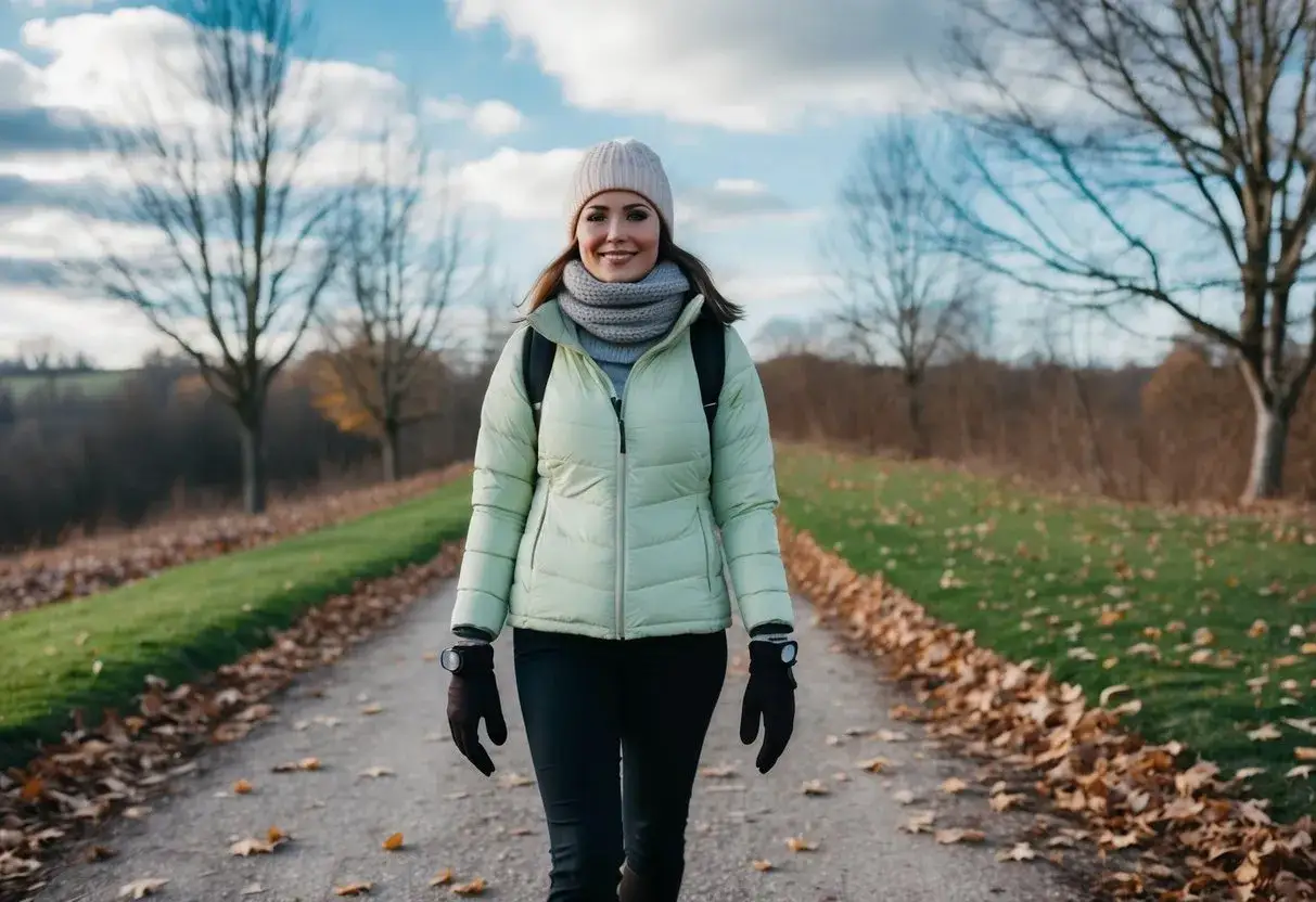 Une femme en doudoune légère, bonnet et écharpe, parfaite pour savoir comment s'habiller quand il fait 11 degrés. Elle marche sur un sentier automnal.