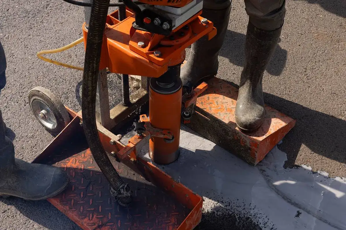 Kernbohrmaschine im Einsatz, um Proben gem&auml;&szlig; DIN 1048 zu entnehmen. Arbeiter in Gummistiefeln sichern die Baustelle.