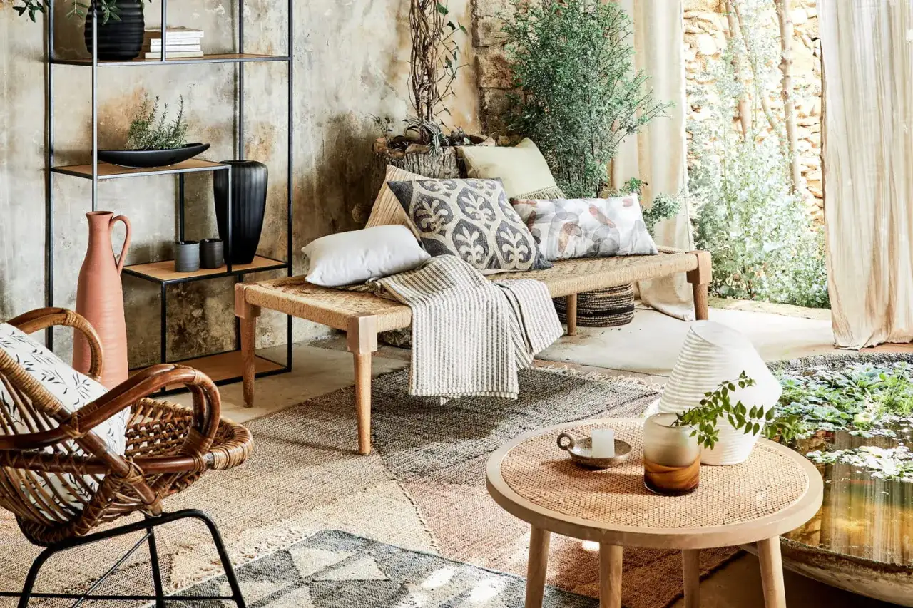 Un salon sans canap&eacute;, avec un banc tress&eacute;, des coussins d&eacute;coratifs, un fauteuil en rotin et une &eacute;tag&egrave;re murale.