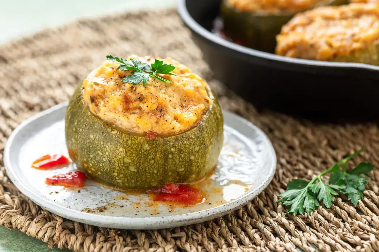 Zucchine tonde ripiene, un piatto gustoso e colorato, guarnito con prezzemolo fresco e servito su un piatto rustico.