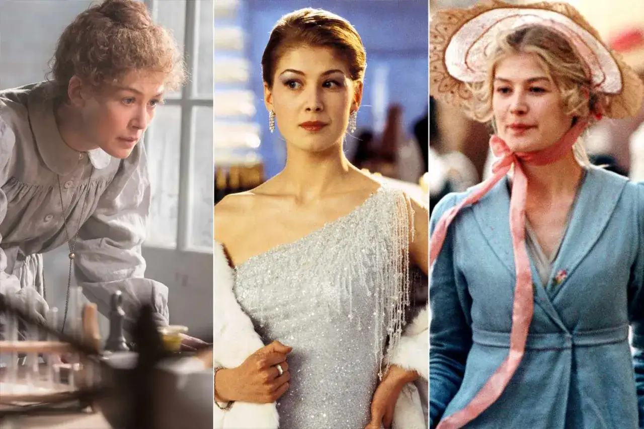 Rosamund Pike w trzech odsłonach: jako naukowczyni, w błyszczącej sukni i w stroju z epoki. Jej rola w filmach i serialach zawsze zachwyca.