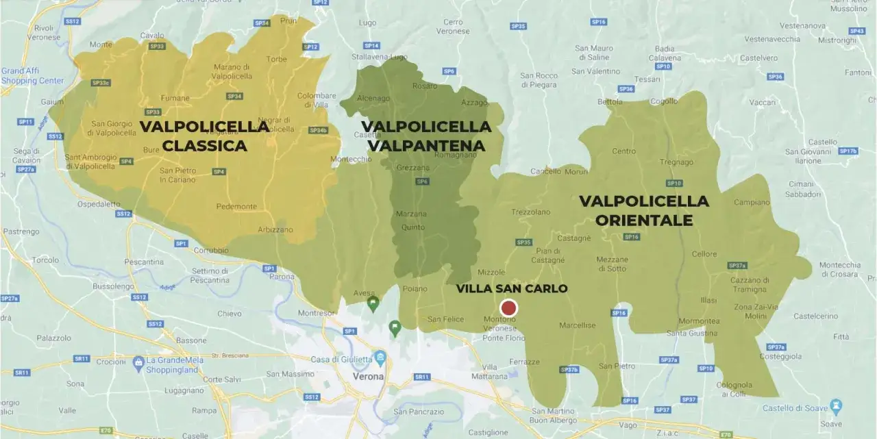 Valpolicella: Classica, Valpantena e Valpolicella Orientale, zone vinicole venete vicino a Verona.
