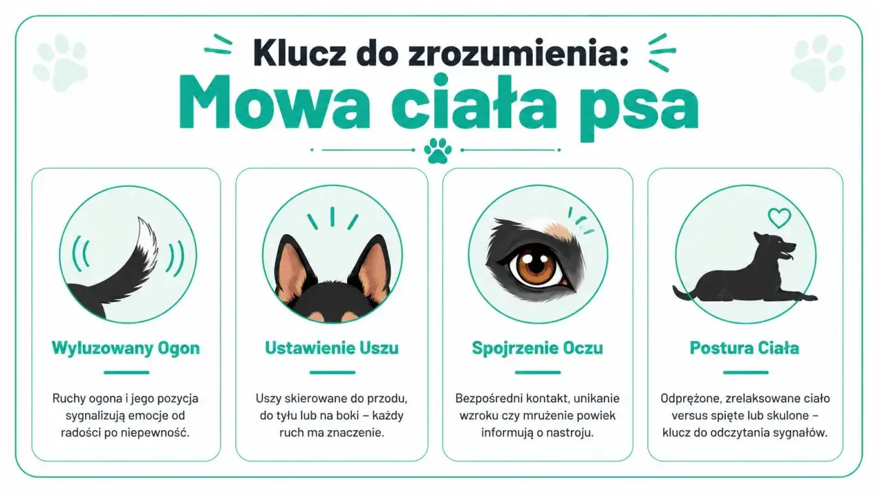 Klucz do zrozumienia: mowa ciała psa. Ilustracje pokazują ogon, uszy, oczy i posturę, które zdradzają emocje zwierzęcia.