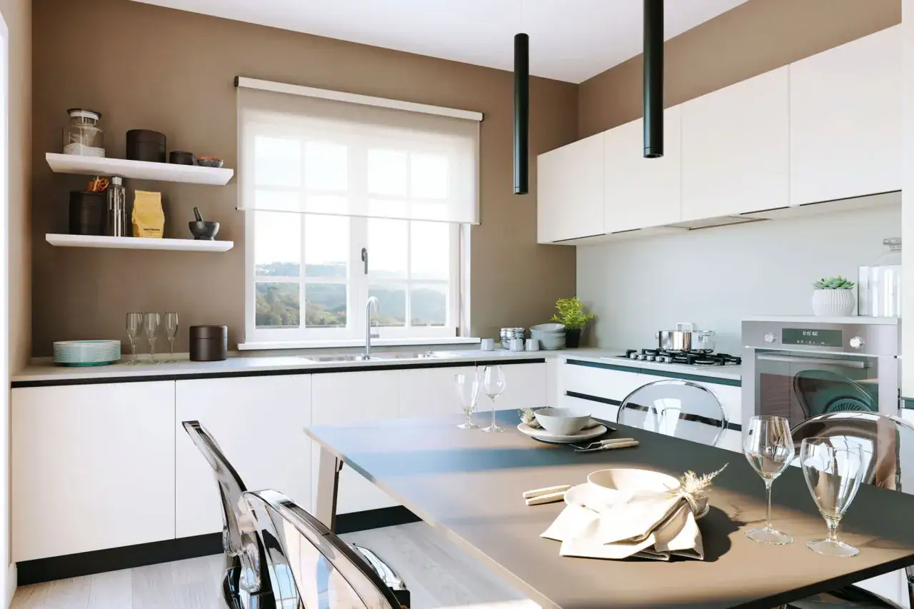 Cucina moderna con **idee cucine ad angolo** ben integrate, mobili bianchi, tavolo con sedie trasparenti e vista panoramica.