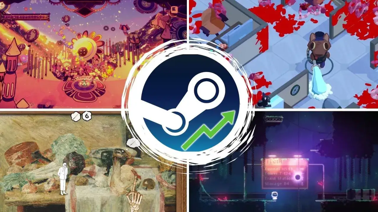 Kolaż z grafikami z gier, logo Steam i zieloną strzałką w górę. Szukasz darmowe gry na Steam?