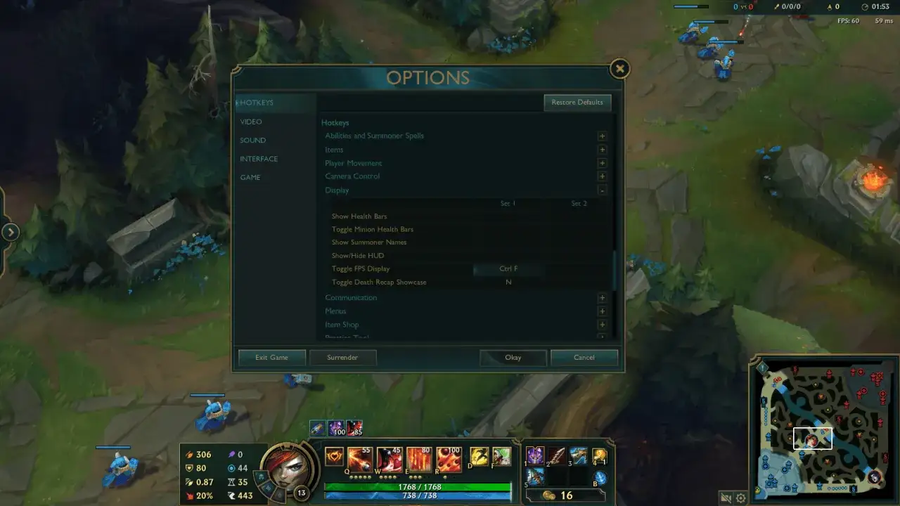 W menu opcji gry League of Legends, w zakładce 