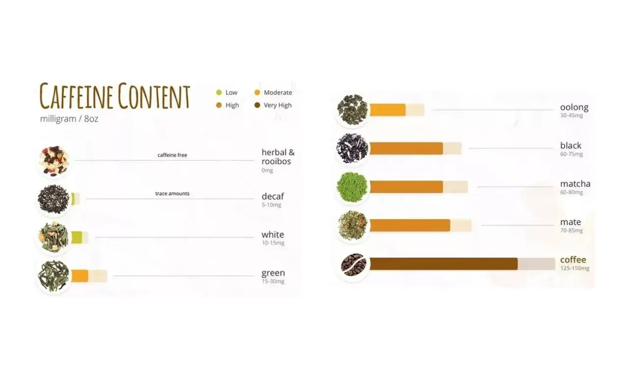 Vergleich von Teein vs. Koffein: Grafik zeigt Koffeingehalt verschiedener Teesorten und Kaffee. Kräutertee ist koffeinfrei, Kaffee am stärksten.