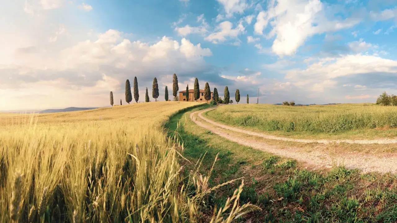 Un casale toscano circondato da cipressi e campi dorati, perfetto per un tour toscana 5 giorni.
