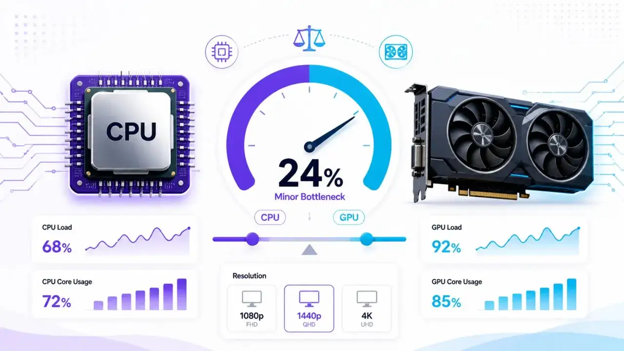Wykres pokazuje, że komputer muli z powodu 24% wąskiego gardła. GPU jest obciążone w 92%, a CPU w 68%.
