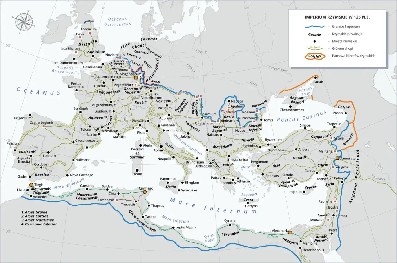 Mapa Imperium Rzymskiego w 125 r. n.e. z zaznaczonymi prowincjami, miastami i drogami, w tym szlakami prowadzącymi do siedmiu wzgórz Rzymu.